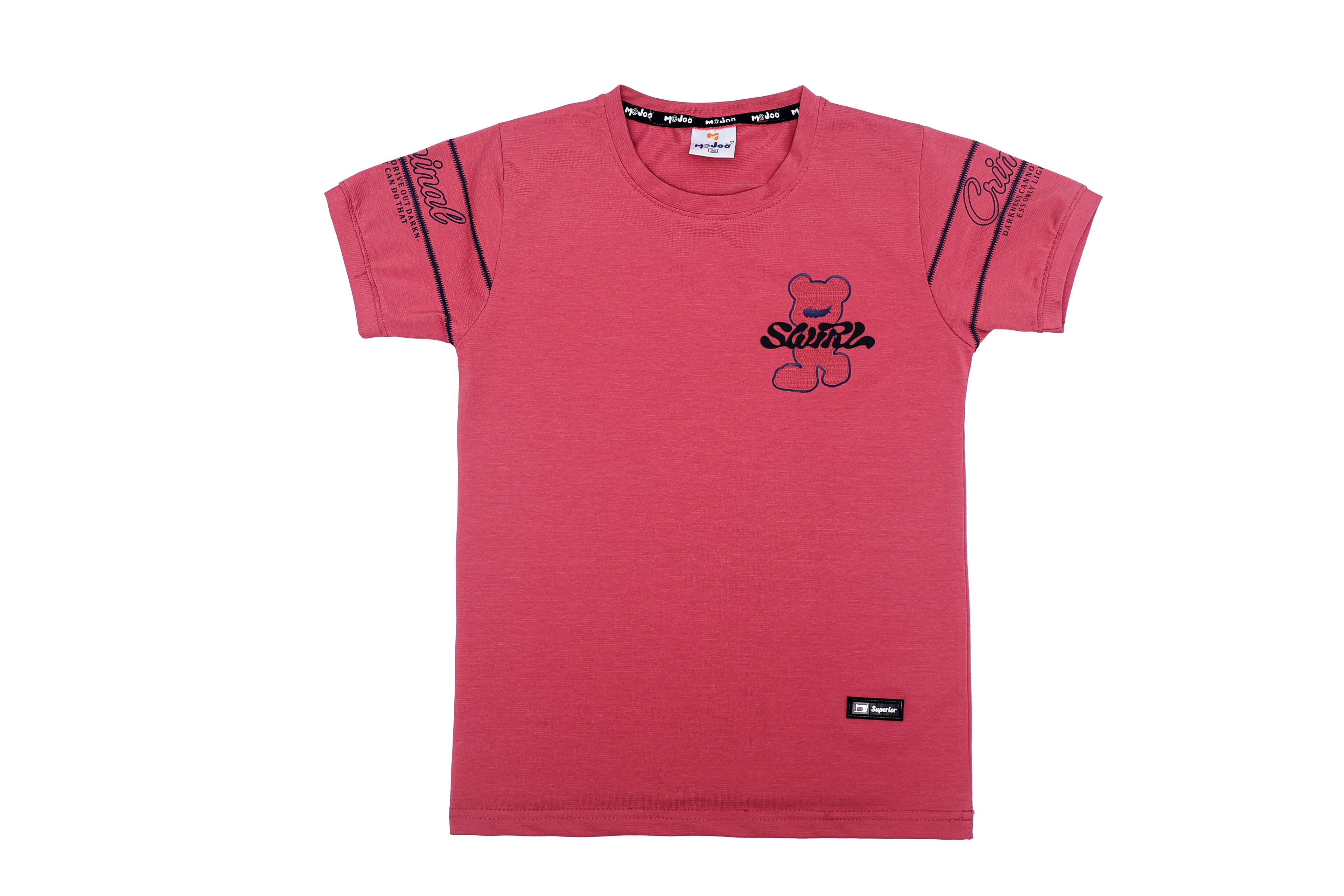 Red t-shirt with a bear graphic and text on a white background