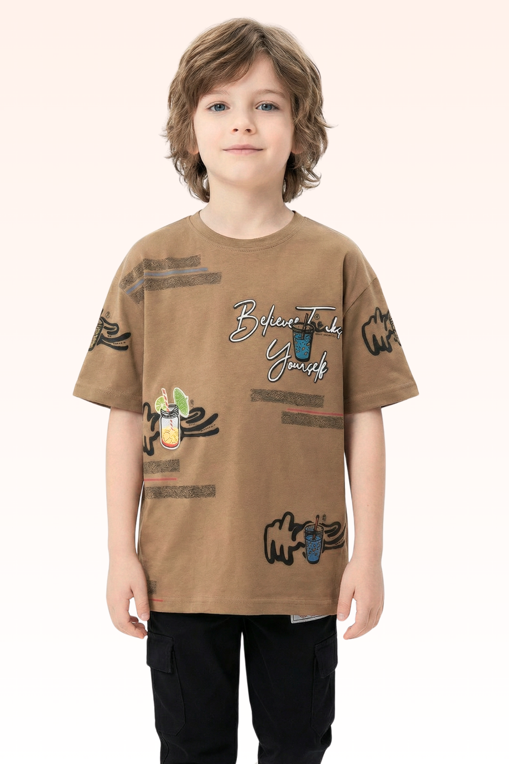 Oversize Brown Graphic Print T-shirt for Boys