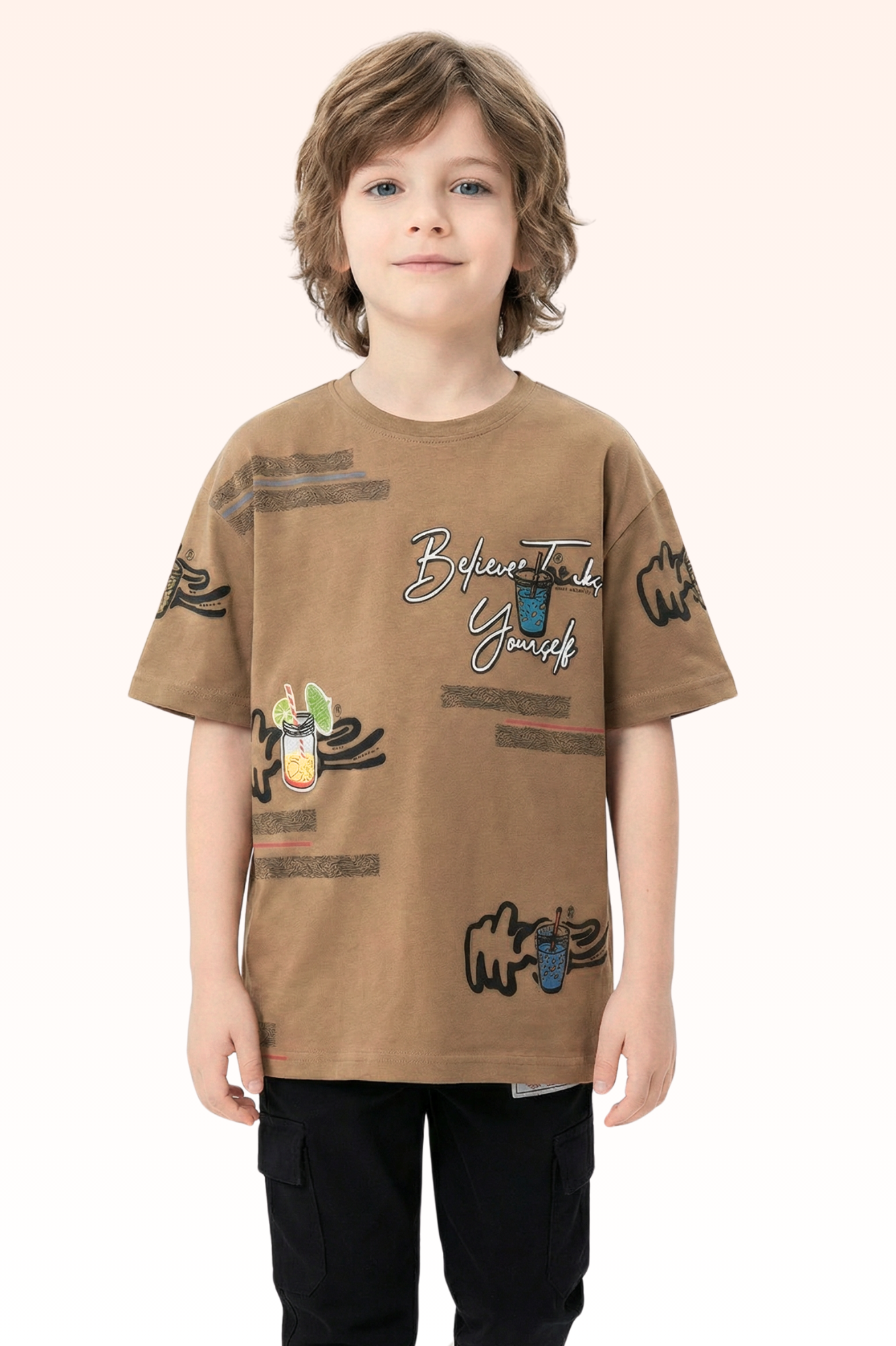 Oversize Brown Graphic Print T-shirt for Boys