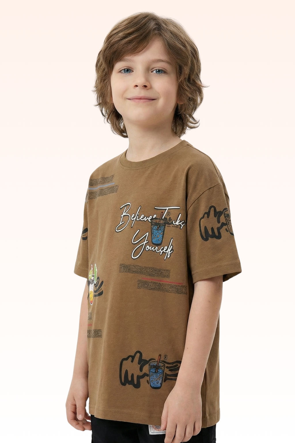 Oversize Brown Graphic Print T-shirt for Boys