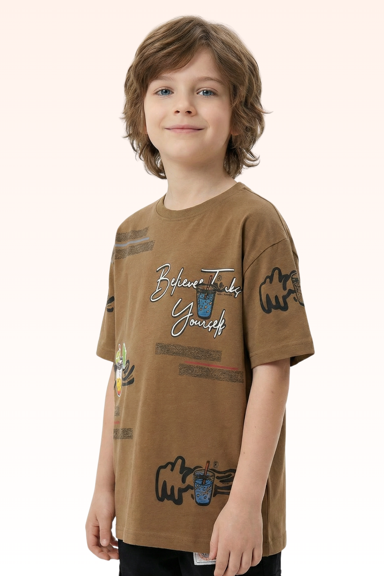 Oversize Brown Graphic Print T-shirt for Boys