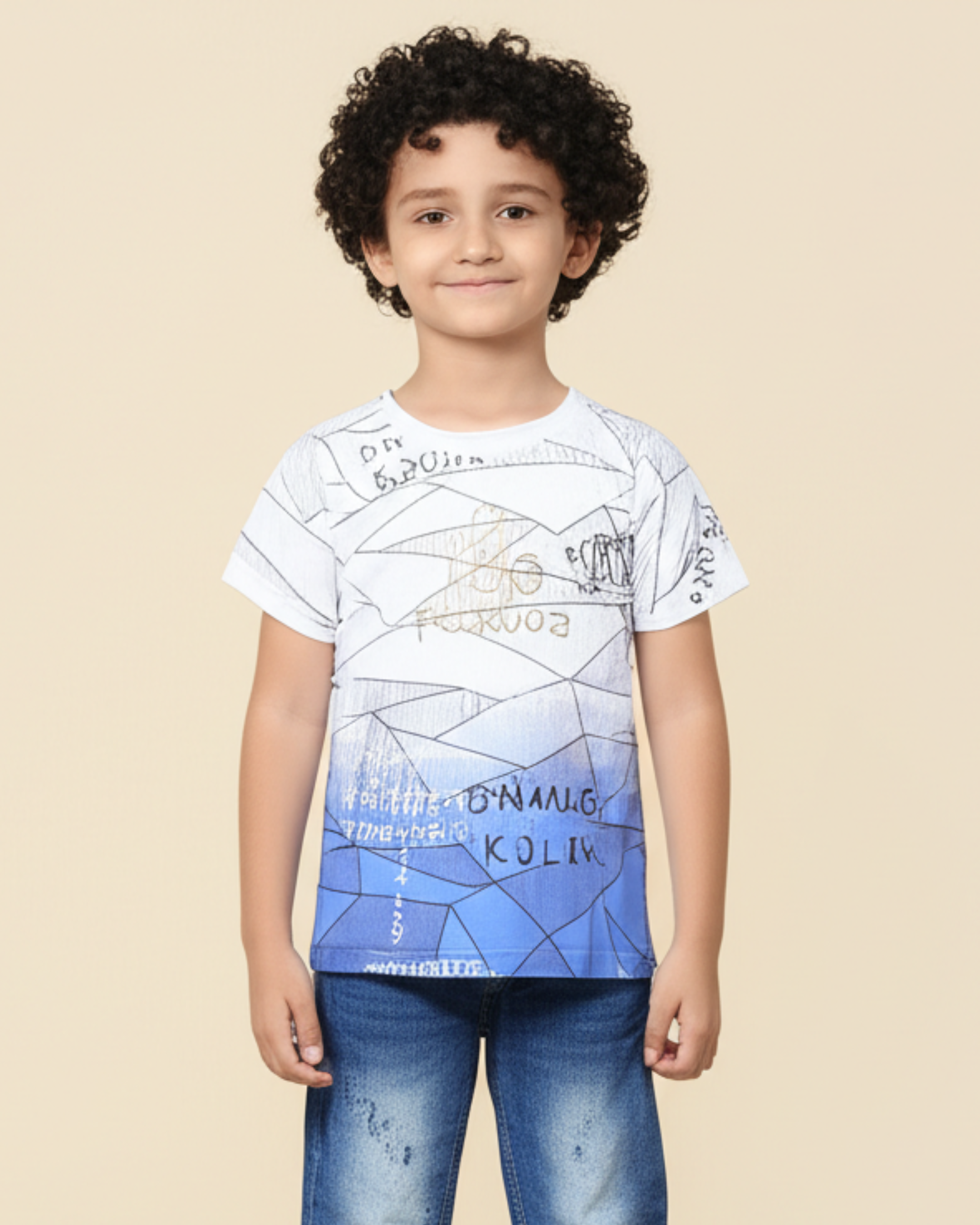 Boys Printed T-Shirt white & blue shaded designer Cotton for kids
