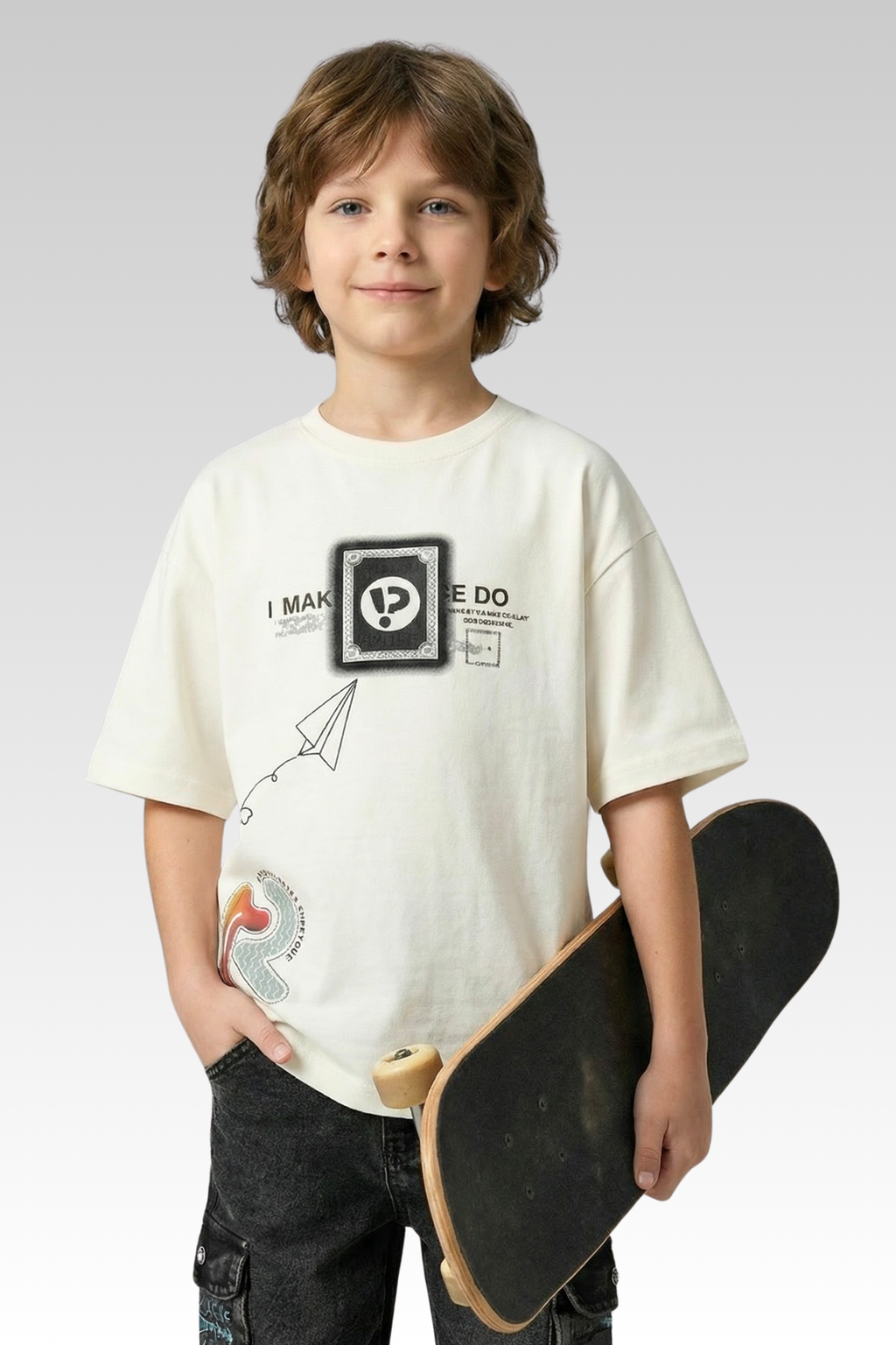 Oversize White Graphic Print T-shirt for Boys