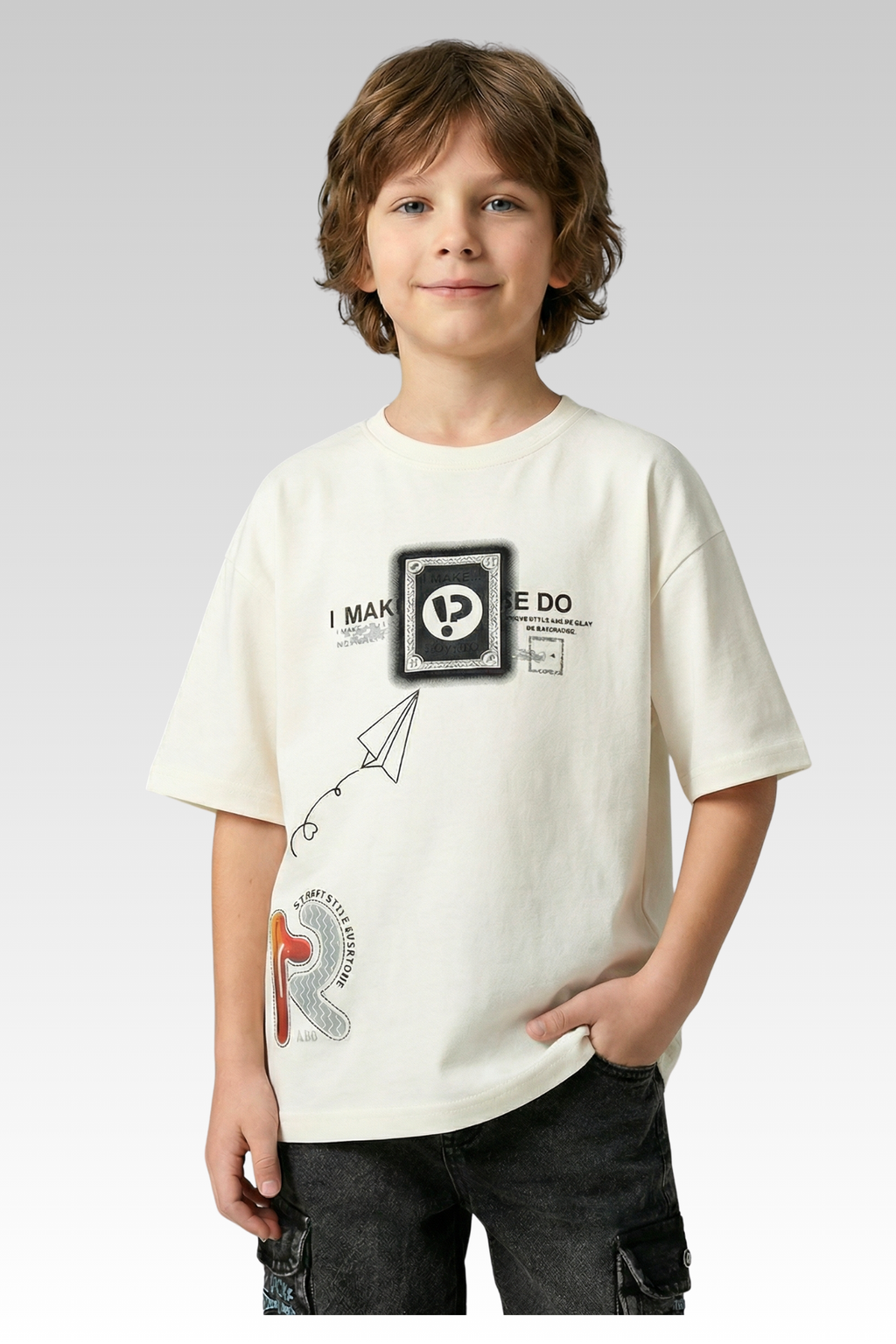Oversize White Graphic Print T-shirt for Boys