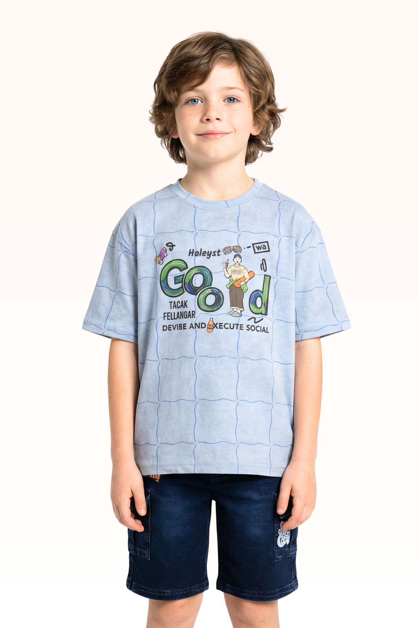 Oversize Glacier Blue Good Printed T-shirt for Boys