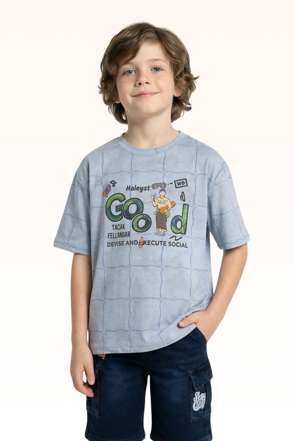 Oversize Glacier Blue Good Printed T-shirt for Boys