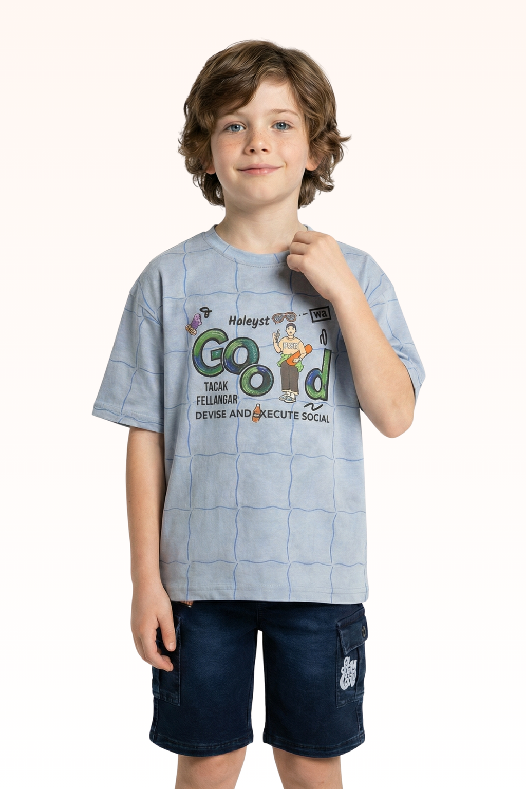 Oversize Glacier Blue Good Printed T-shirt for Boys