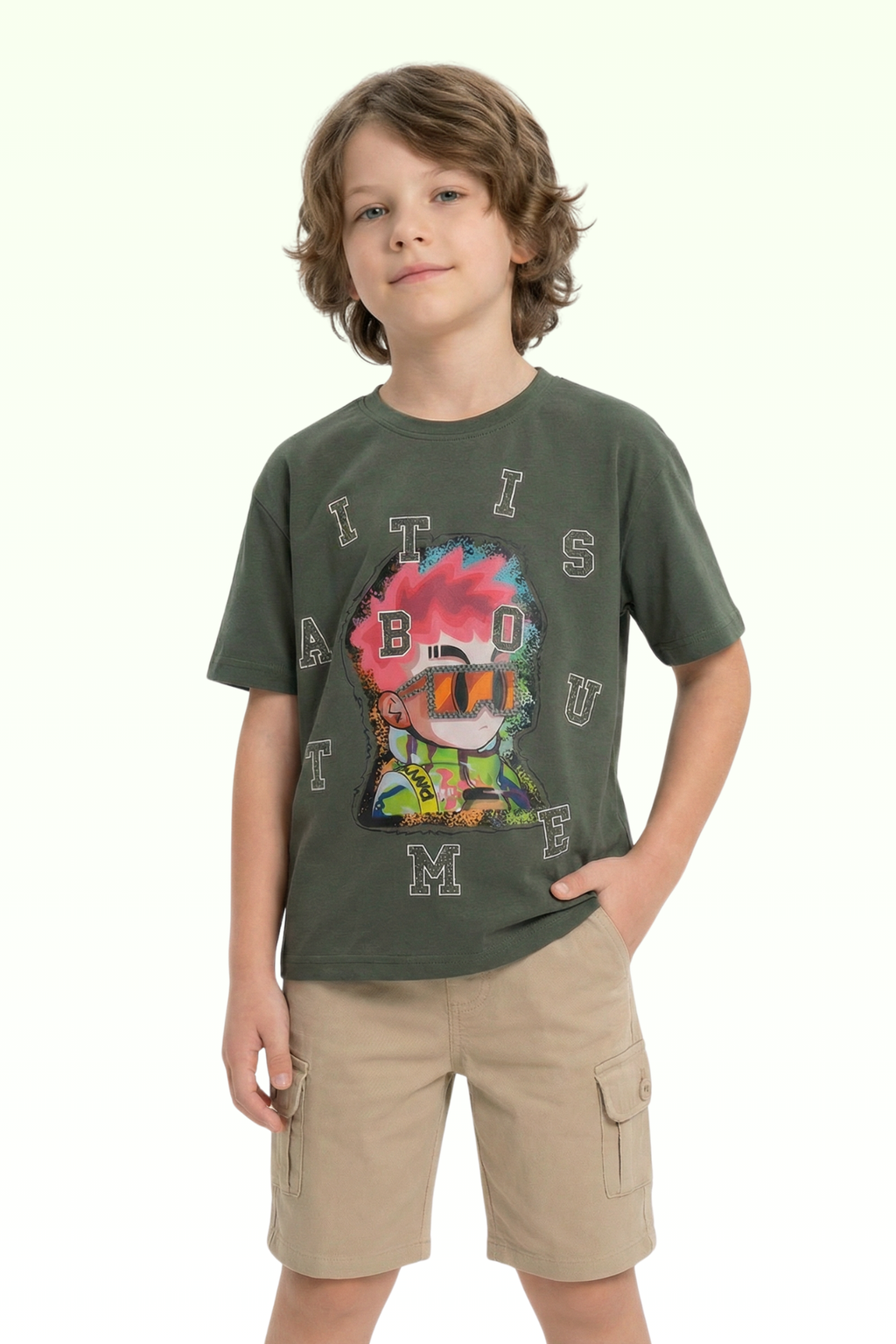 Oversize Dark Green Printed T-shirt for Boys