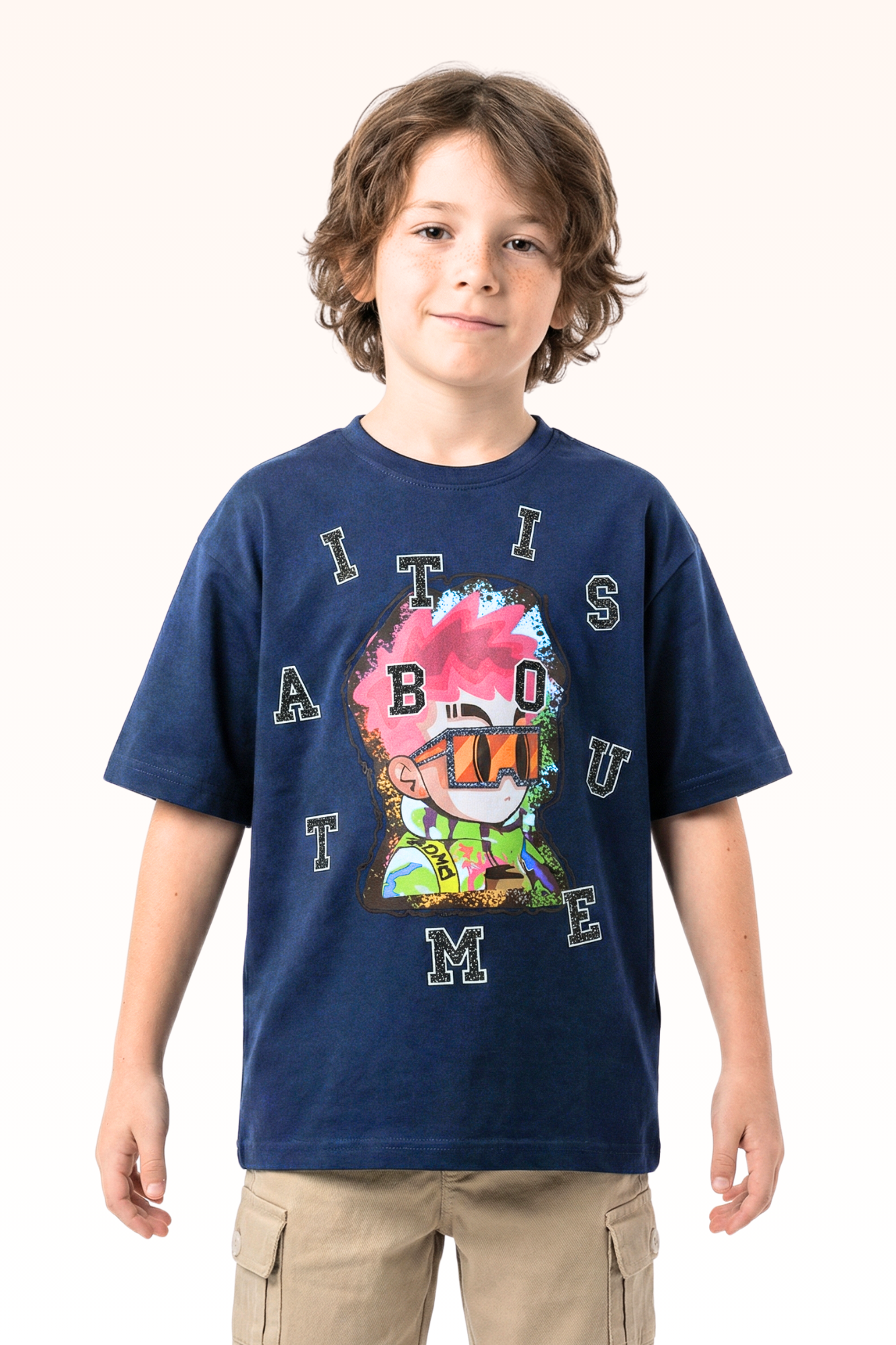 Oversize Dark Blue Animated Print T-shirt for Boys