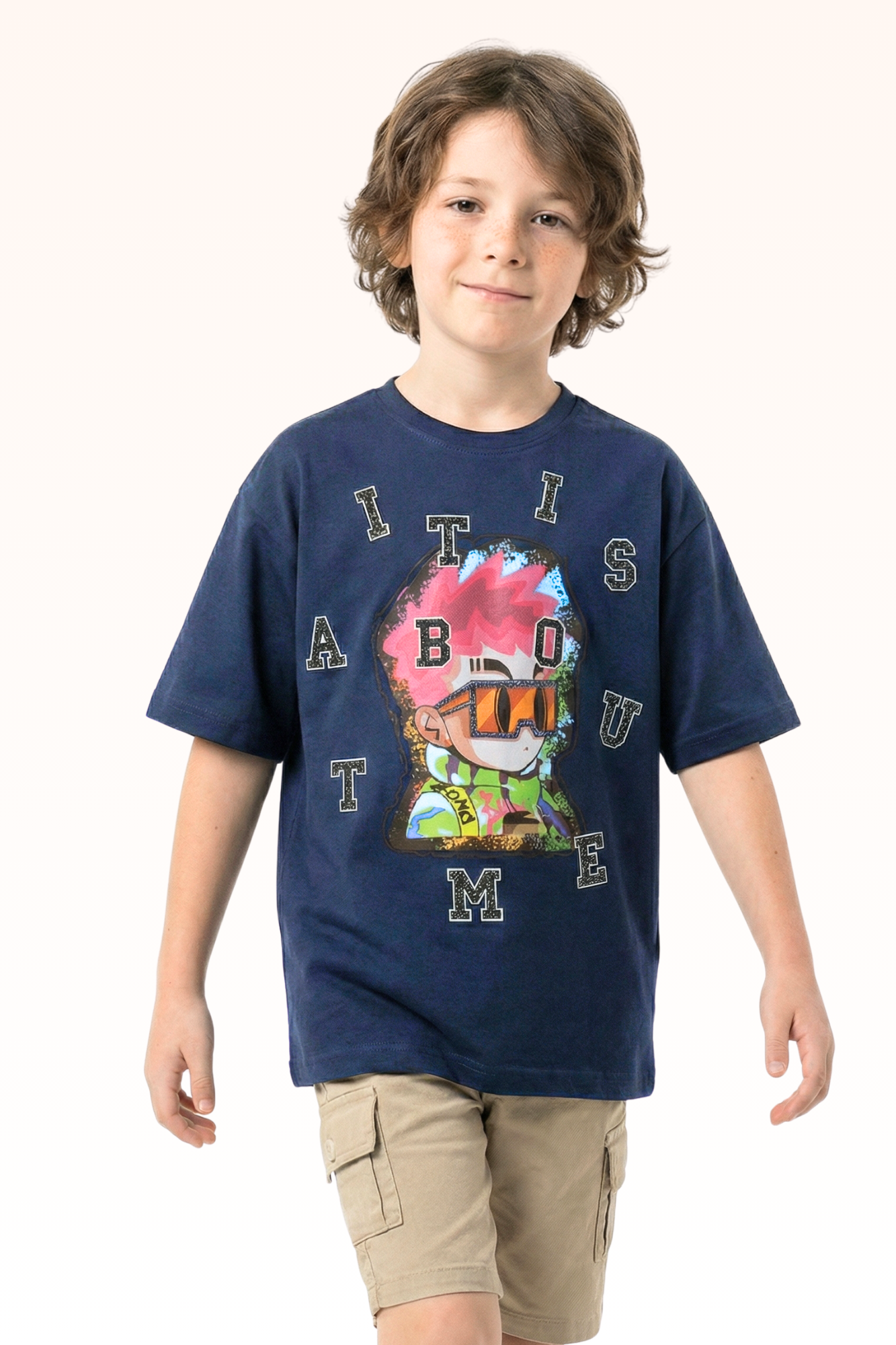 Oversize Dark Blue Animated Print T-shirt for Boys