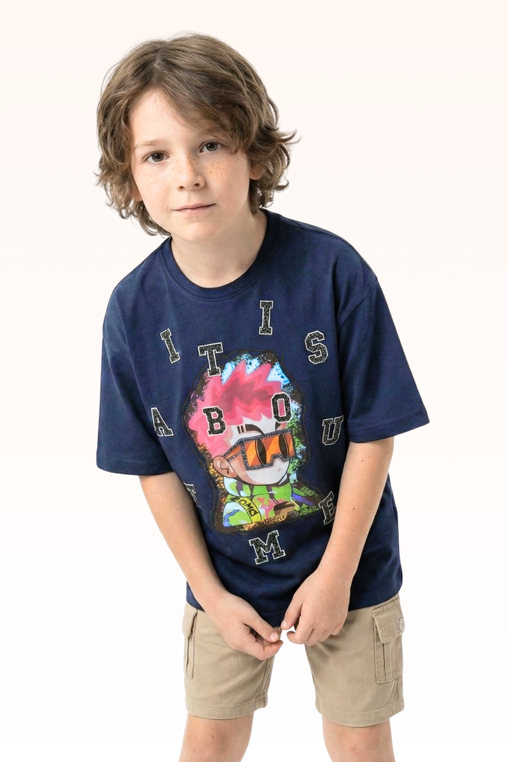Oversize Dark Blue Animated Print T-shirt for Boys