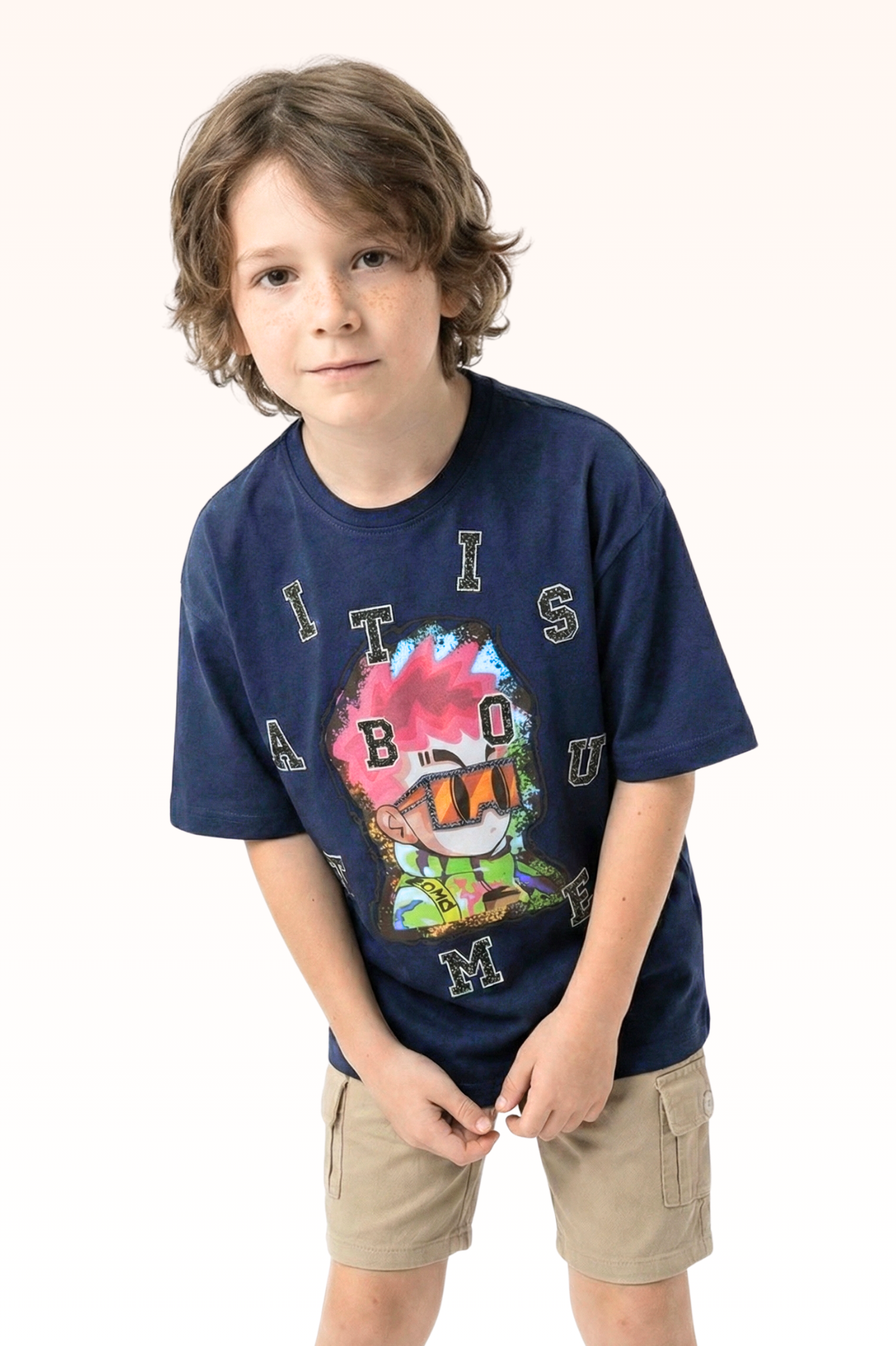 Oversize Dark Blue Animated Print T-shirt for Boys