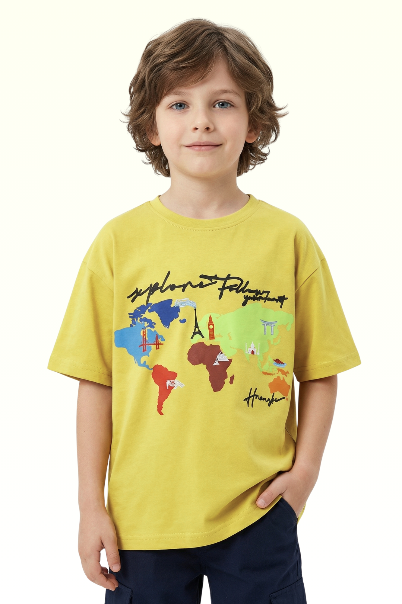 Oversize Yellow Continent Printed T-shirt for Boys
