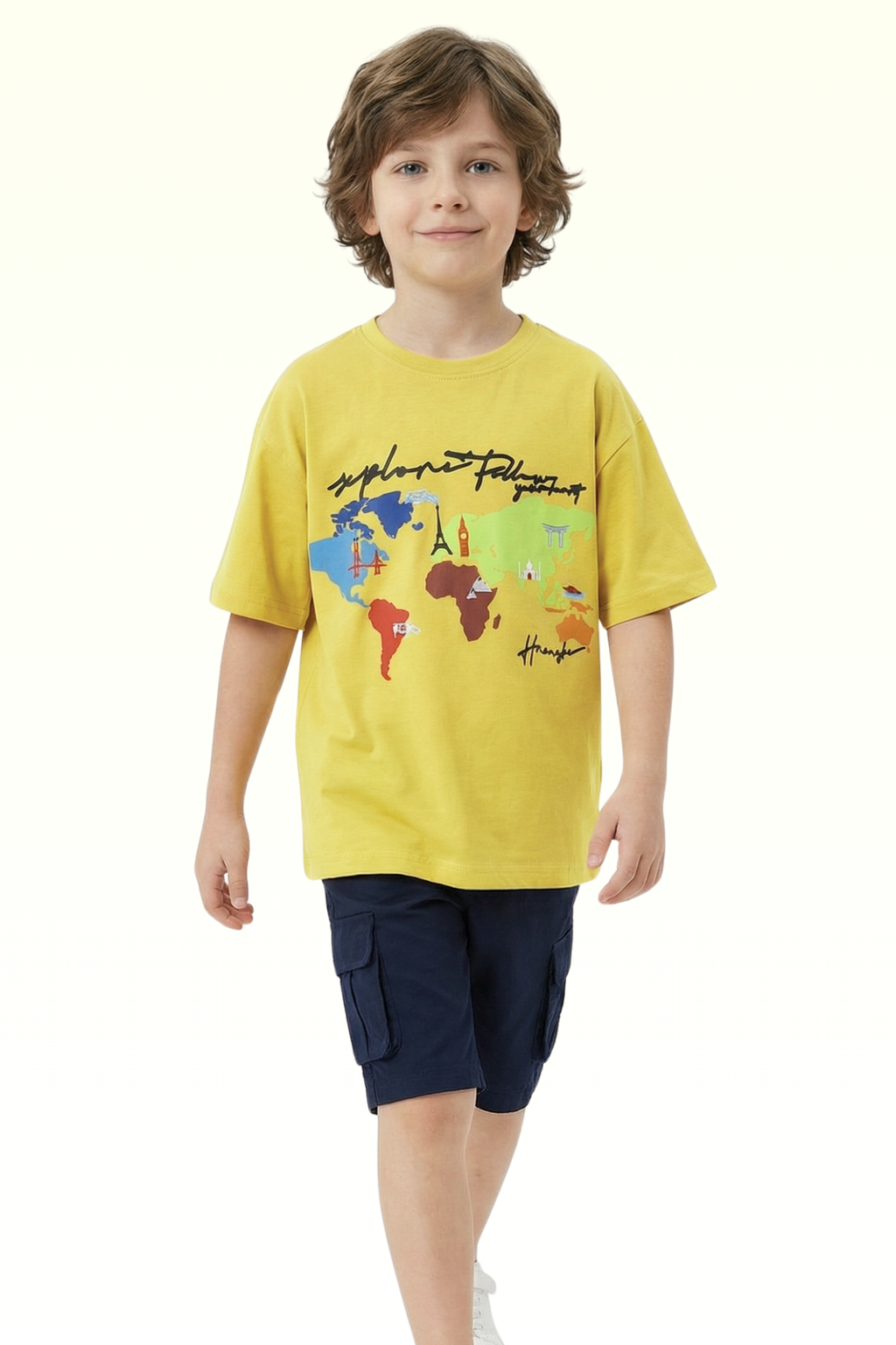 Oversize Yellow Continent Printed T-shirt for Boys