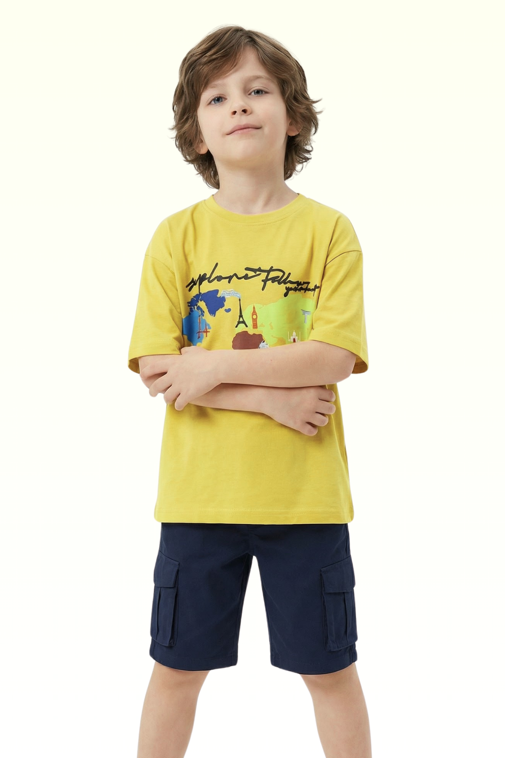 Oversize Yellow Continent Printed T-shirt for Boys