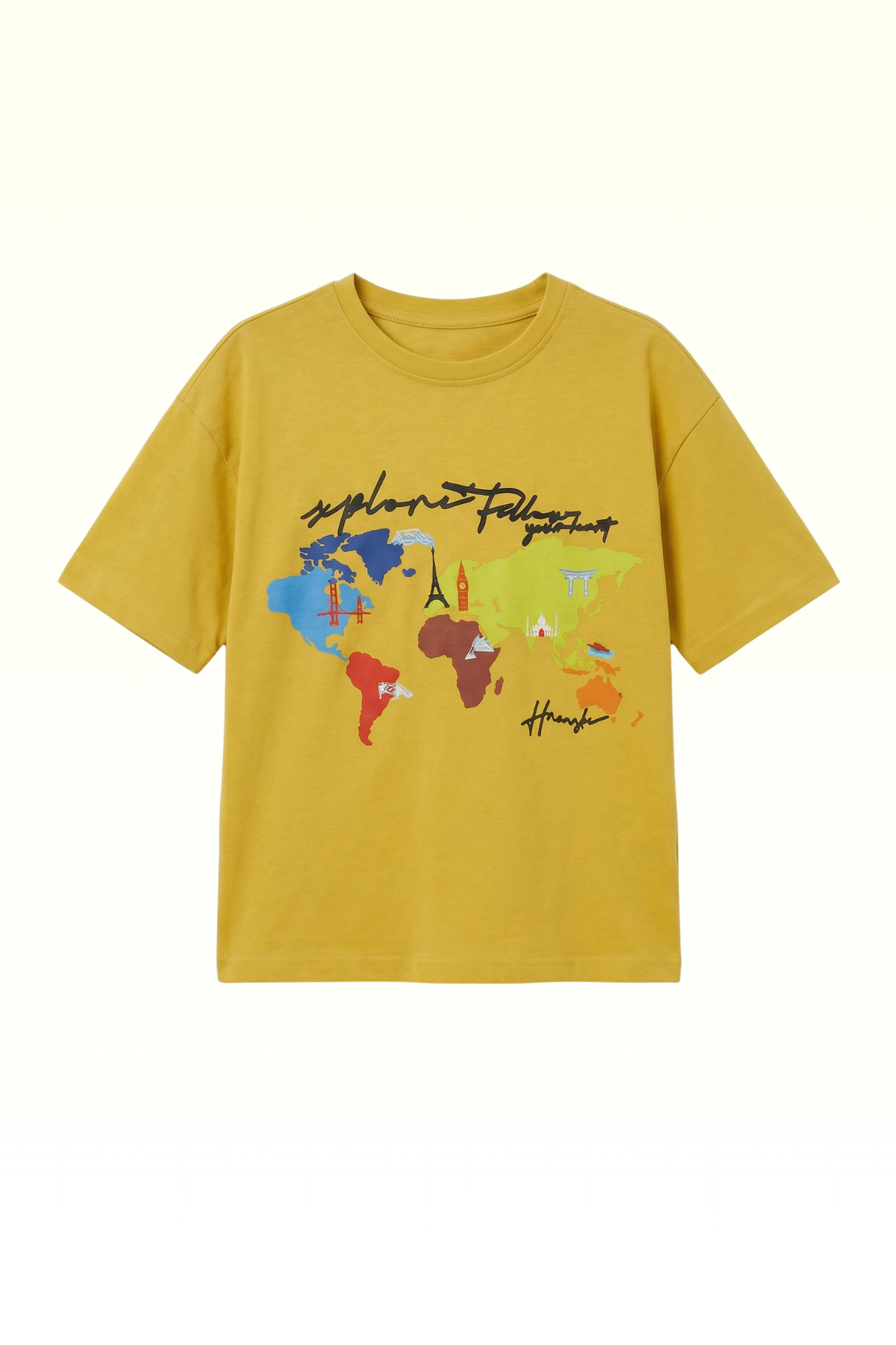 Oversize Yellow Continent Printed T-shirt for Boys