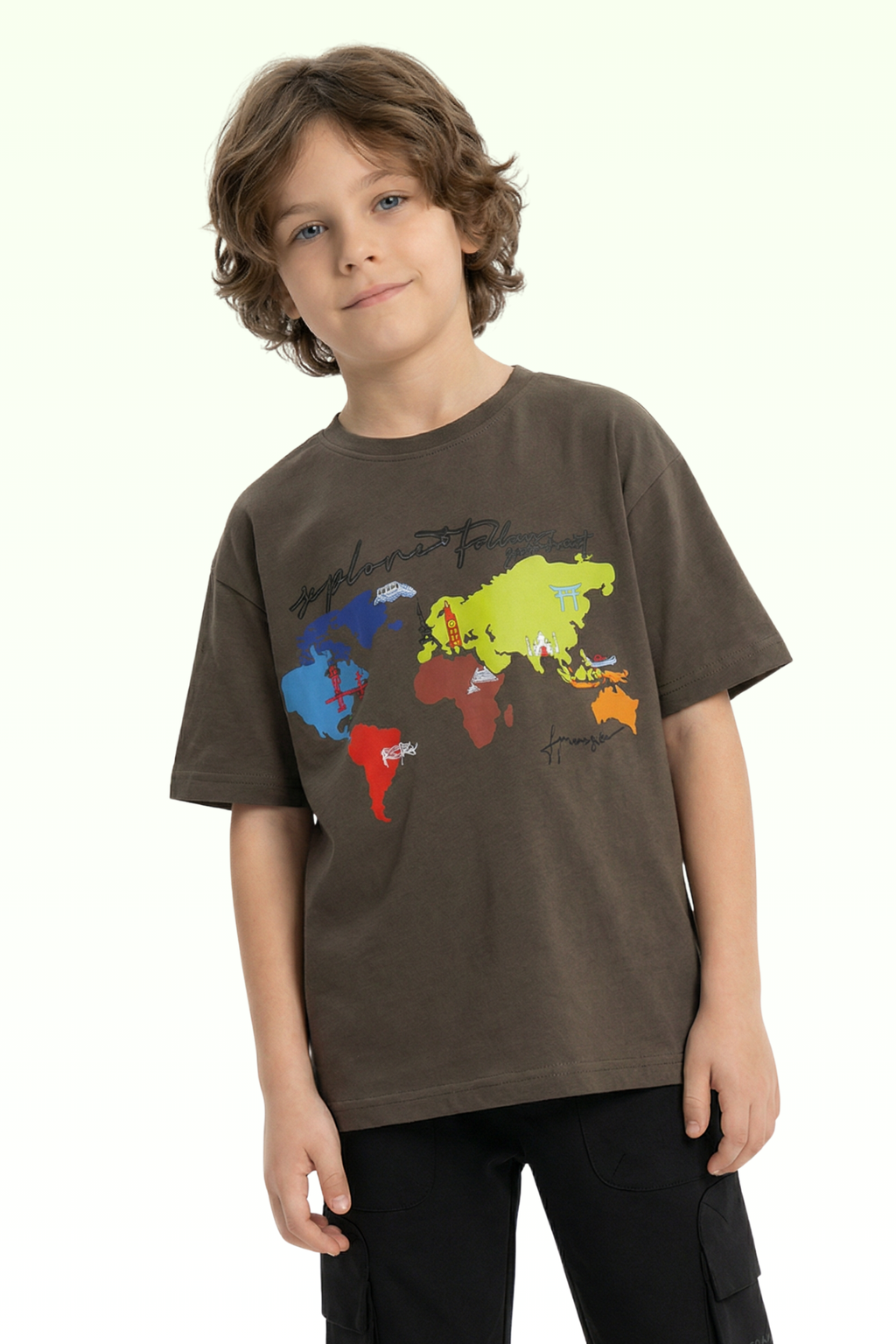 Oversize Brown Continent Printed T-shirt for Boys