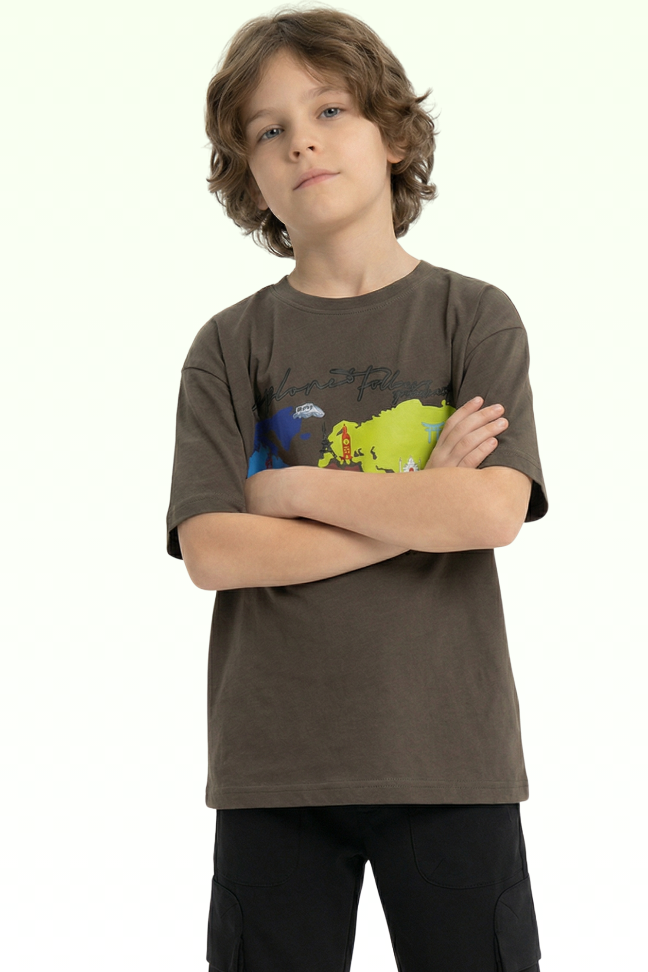 Oversize Brown Continent Printed T-shirt for Boys