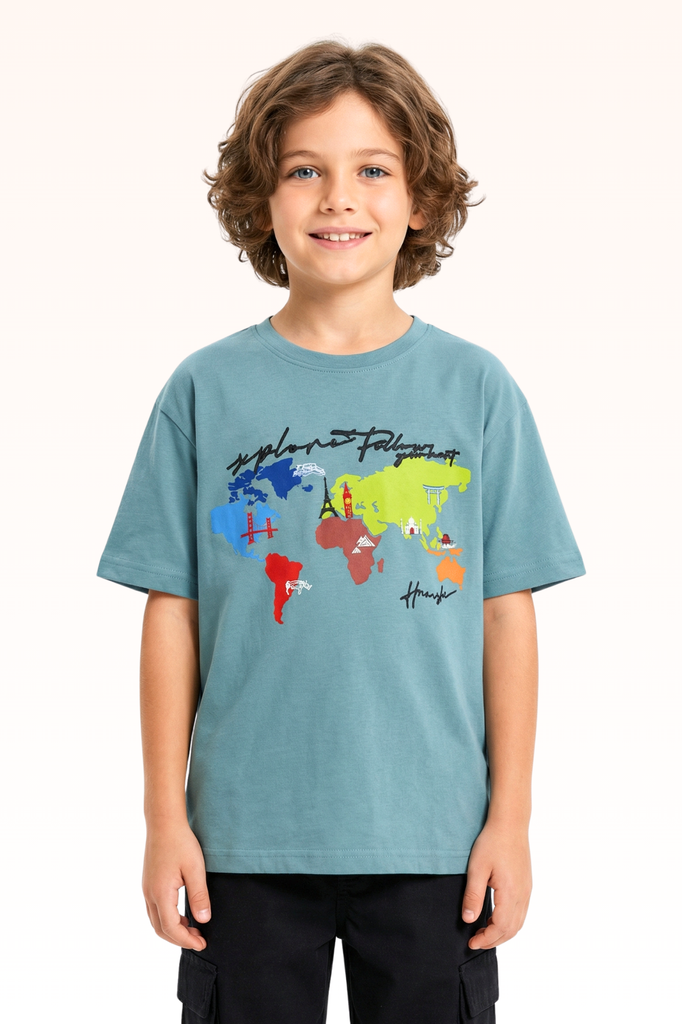 Oversize Sky Blue Continent Printed T-shirt for Boys