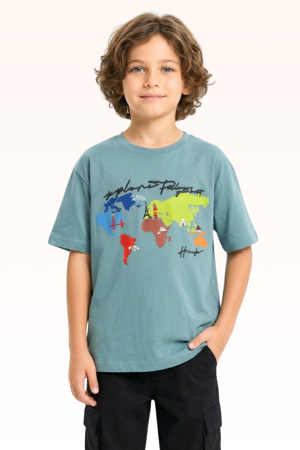 Oversize Sky Blue Continent Printed T-shirt for Boys
