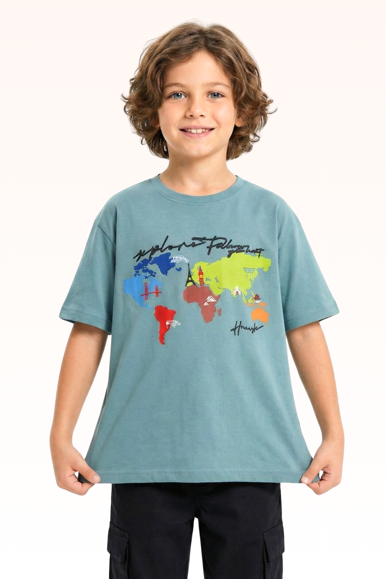 Oversize Sky Blue Continent Printed T-shirt for Boys