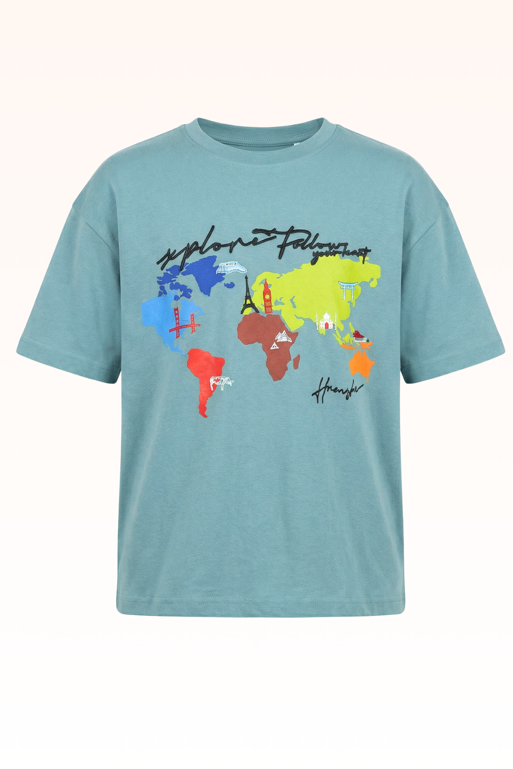 Oversize Sky Blue Continent Printed T-shirt for Boys