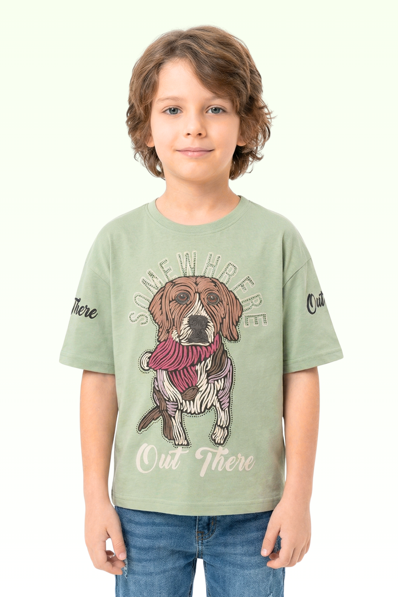 Oversize Green Dog Printed T-shirt for Boys