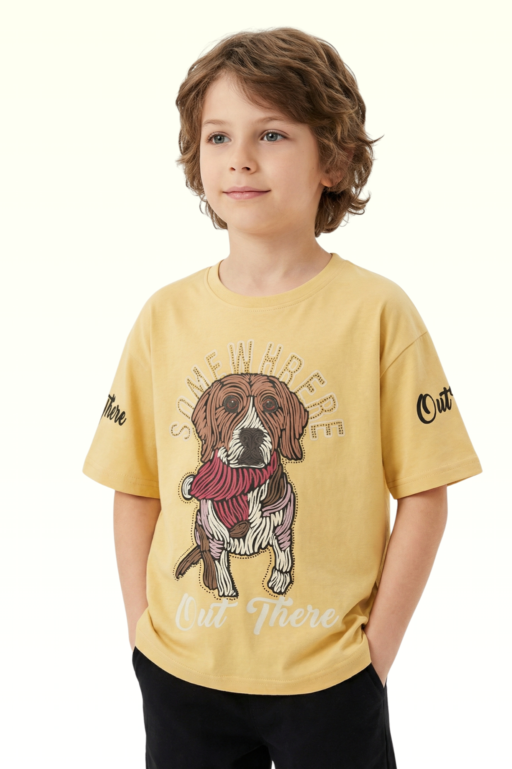 Oversize Beige Dog Printed T-shirt for Boys