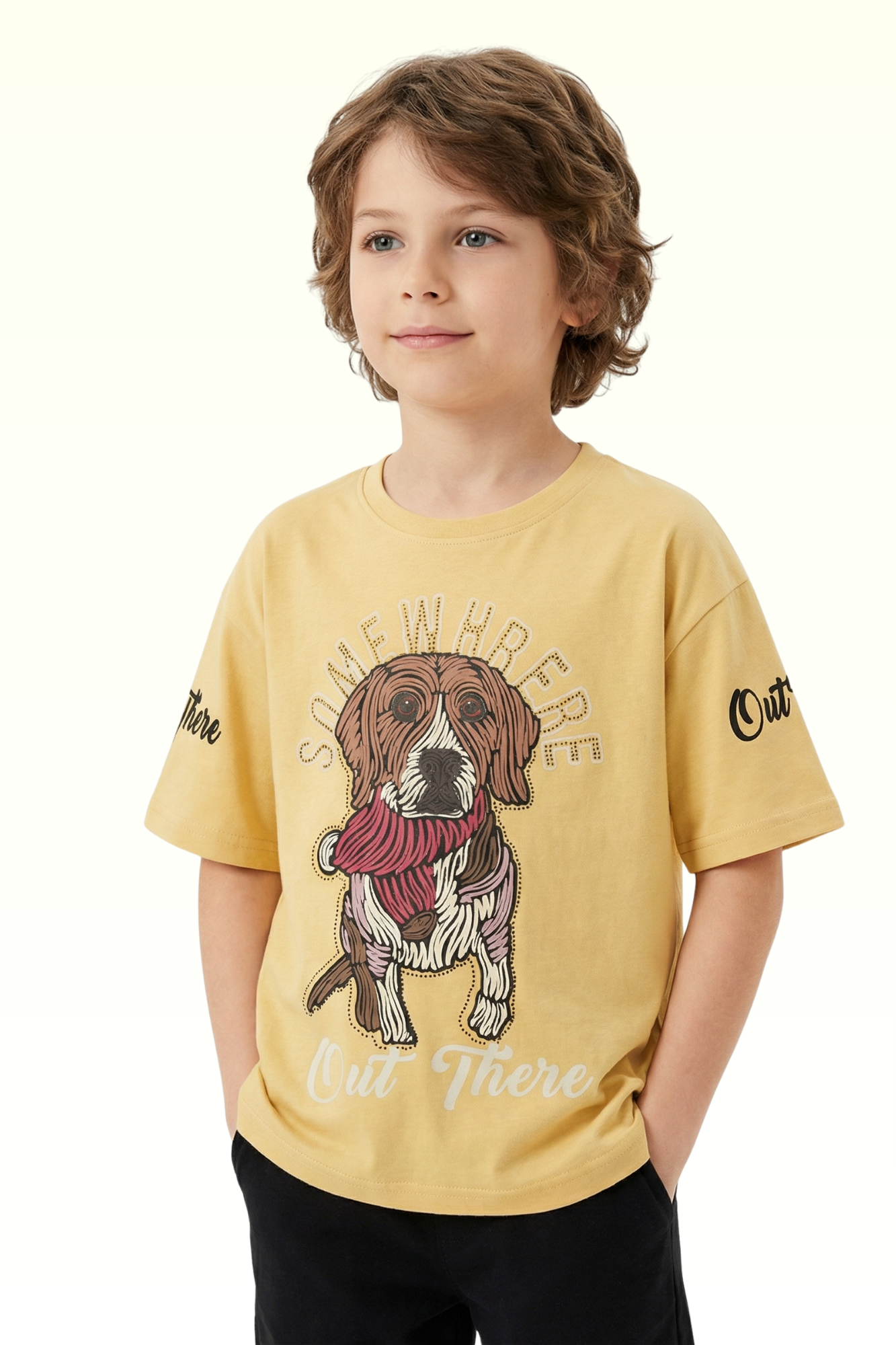 Oversize Beige Dog Printed T-shirt for Boys