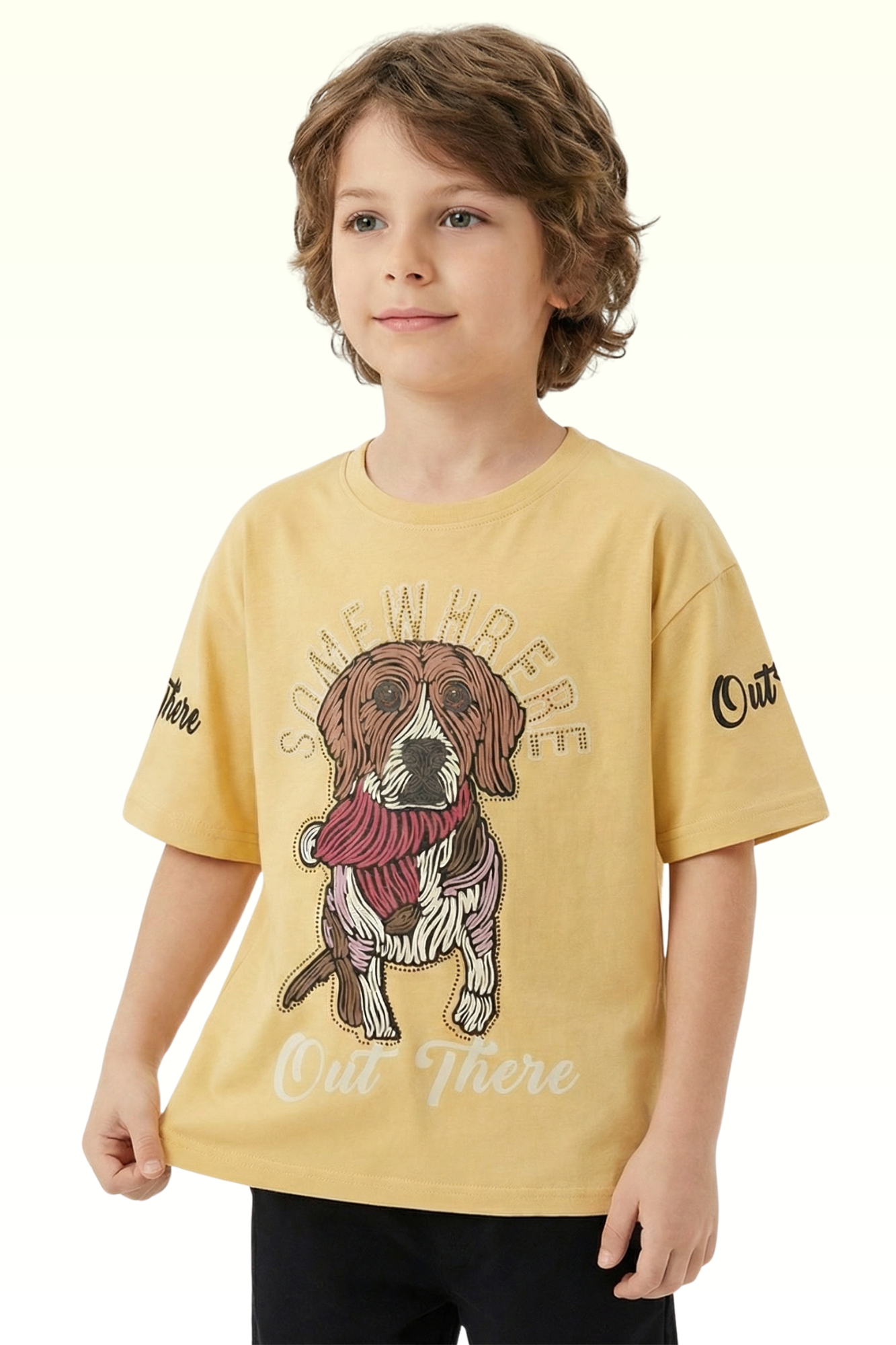 Oversize Beige Dog Printed T-shirt for Boys