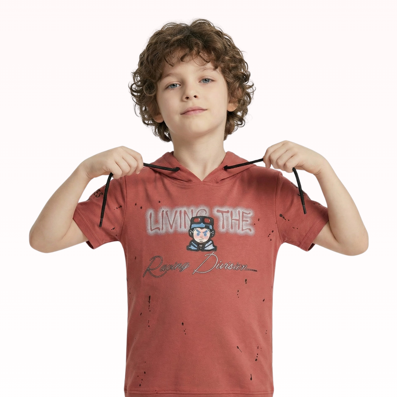 Child wearing a red hoodie with text and graphics on a white background