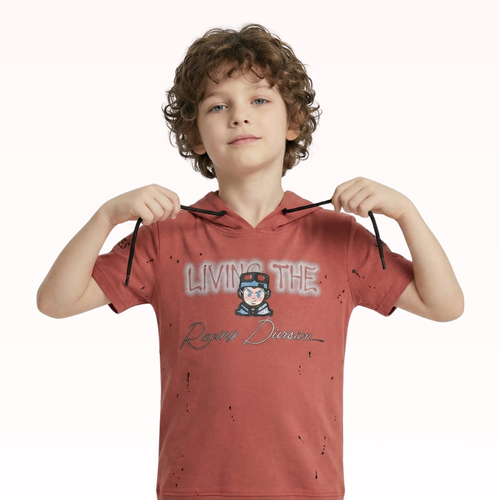 Child wearing a red hoodie with text and graphics on a white background