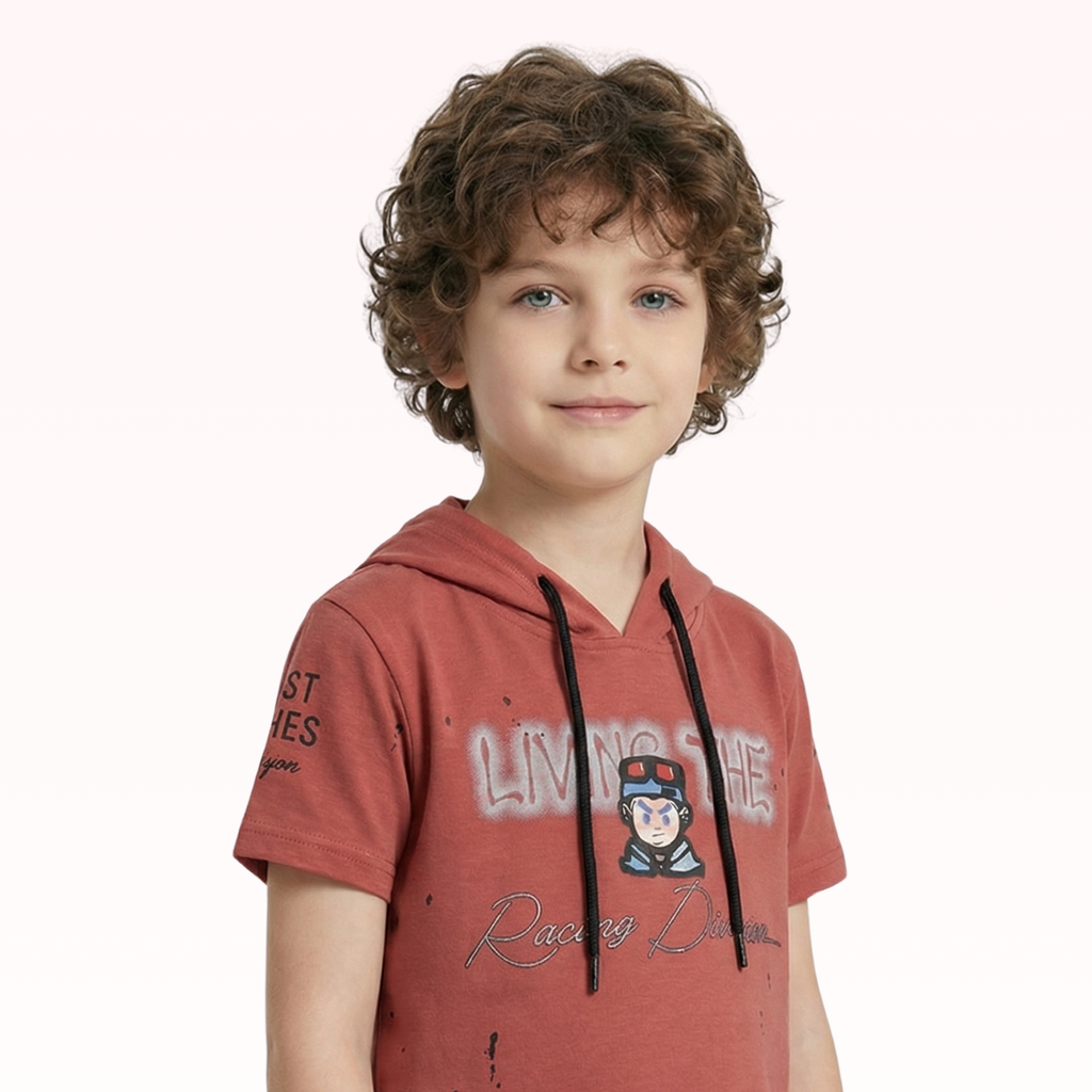Child wearing a red hoodie with text and graphics on a white background
