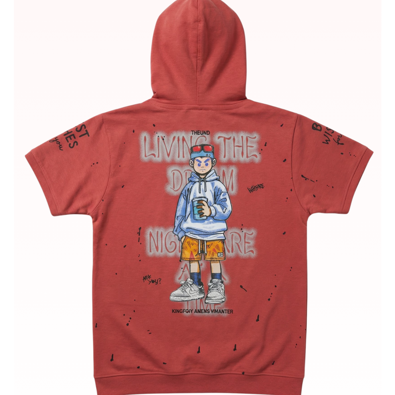 Red hoodie with a graphic of a person holding a drink and text on the back, on a white background.