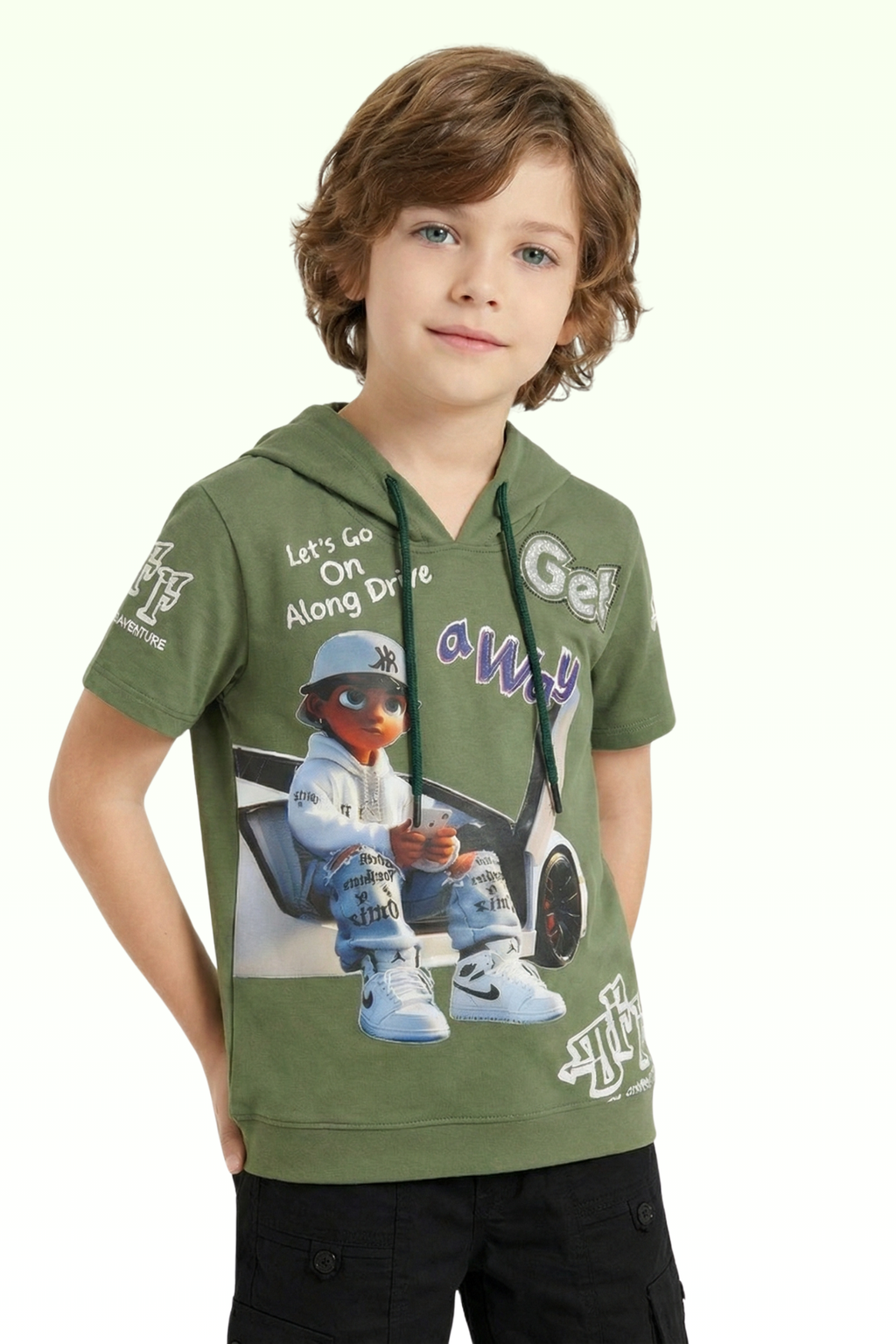 Green Graphic Print Hoodie for Boys