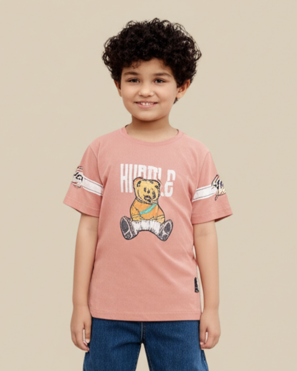Boys Printed T-Shirt peach humble bear Cotton for kids
