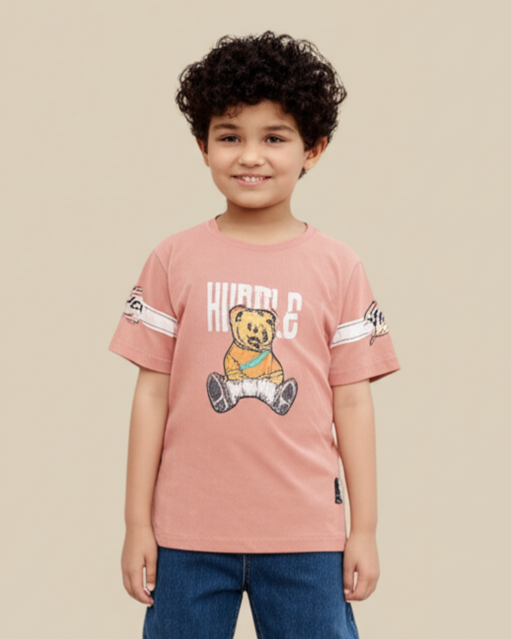 Boys Printed T-Shirt peach humble bear Cotton for kids