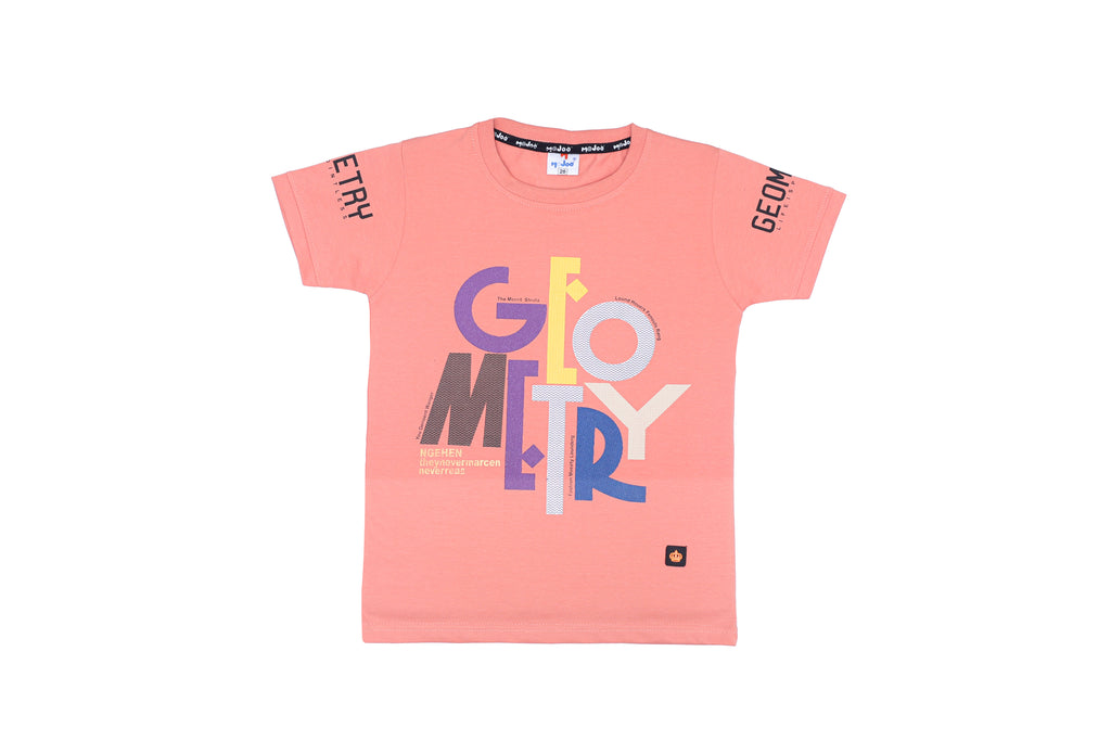 Pink t-shirt with colorful geometric design on a white background