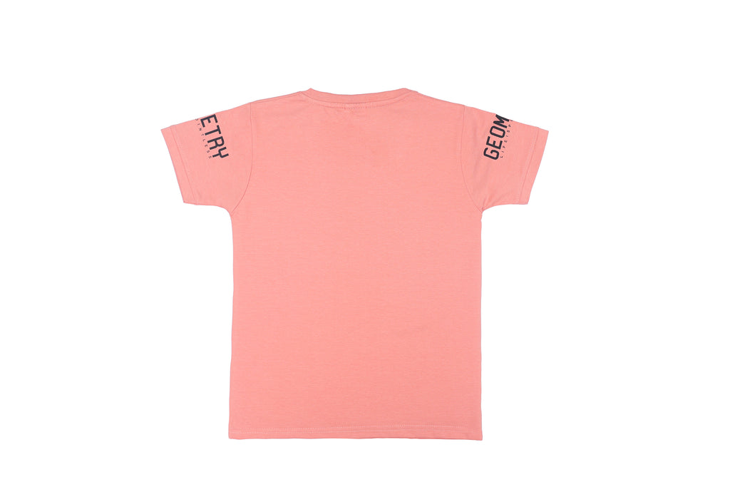 Pink t-shirt with text on sleeves against a white background
