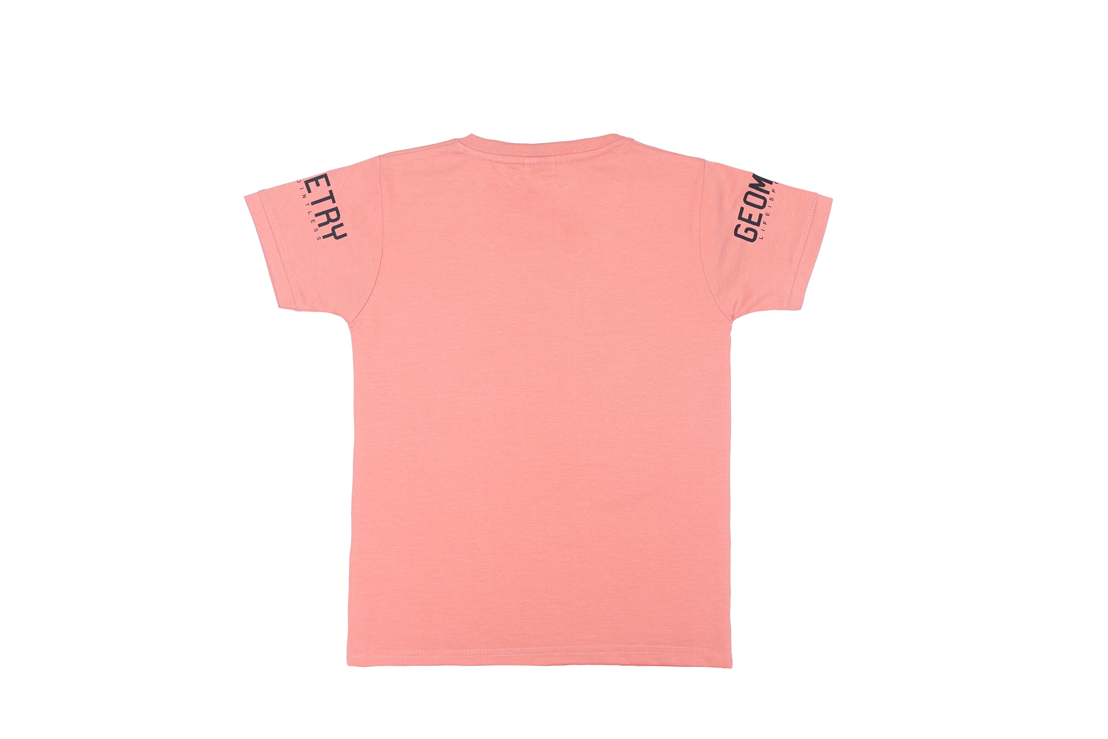 Pink t-shirt with text on sleeves against a white background